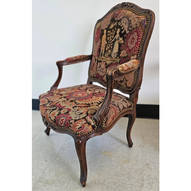 Mid 19th Century 19th Century French Louis XV Style Mahogany and Needlepoint Tapestry Bergeres Fauteuils, Pair For Sale - Image 5 of 11