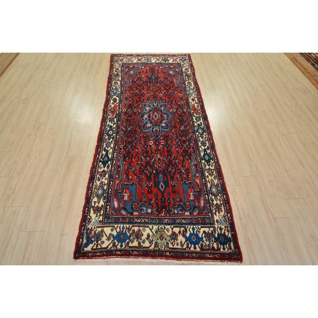 Cabin Hamedan Runner 4’4” X 9’10” Red Wool Vintage Tribal Hand-Knotted Oriental Rug For Sale - Image 3 of 15