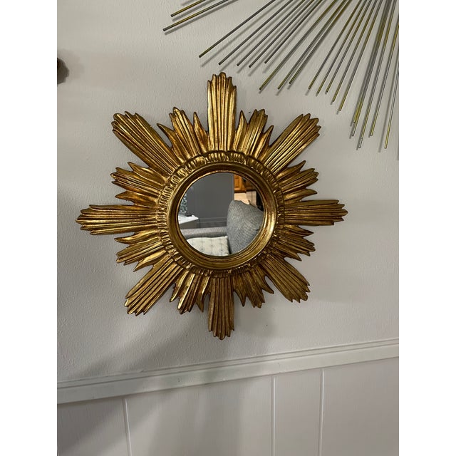 Mid 20th Century Large 18" Bright Gold Italian Giltwood Sunburst Wall Mirror For Sale - Image 14 of 15