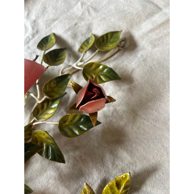 Green Vintage Italian Floral Rose Tole Wall Mounted Candle Holder - a Pair For Sale - Image 8 of 12