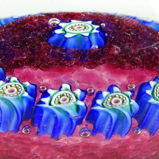 Glass Fratelli Toso Murano Blue Amethyst White Millefiori Flowers Vintage Italian Art Glass Decorative Paperweights - Set of 3 For Sale - Image 7 of 11