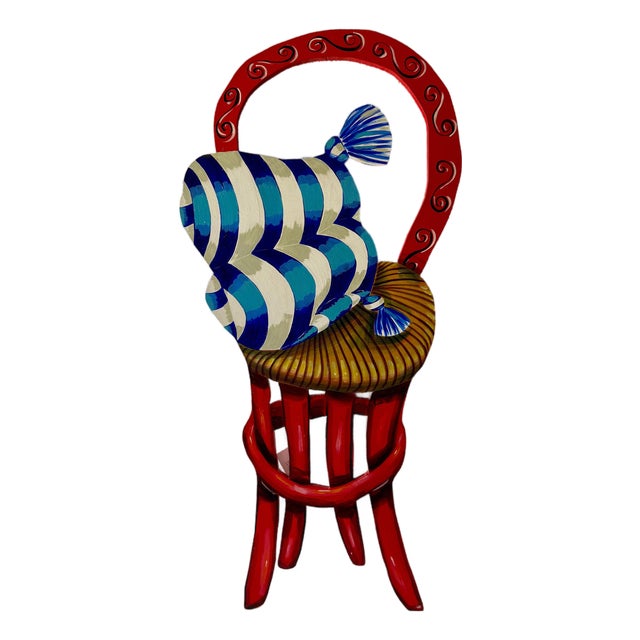 Amanda Watt, Pop Art Painting Carved Wall Sculpture Amanda Watt Thatched Chair Vibrant Color, 1996 For Sale