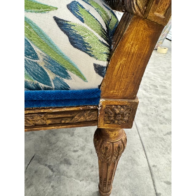 French Pair of Manual Canovas Upholstered Antique French Louis XVI Gilt Large Arm Chairs Bergeres For Sale - Image 3 of 8