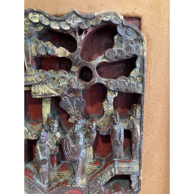 Antique Chinese Rosewood Gold & Suede Framed Carving For Sale - Image 4 of 9
