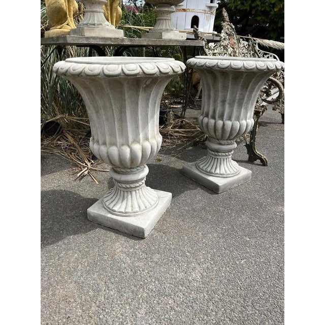 2000 - 2009 British Cast Stone Fluted Garden Urns, Set of 2 For Sale - Image 5 of 12