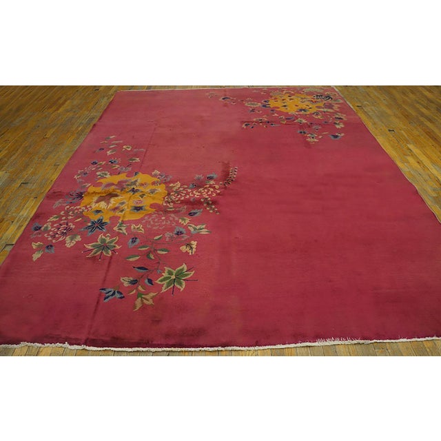 Antique Chinese - Art Deco Coral 1930s Wool Rug, Circa Date: 1930s. This exceptional piece captures the dramatic aesthetic...