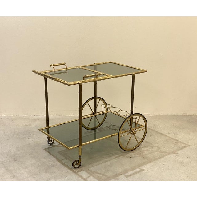 Mid-Century Modern Faux Bamboo & Brass Bar Trolley from Maison Bagues, 1970s For Sale - Image 3 of 16