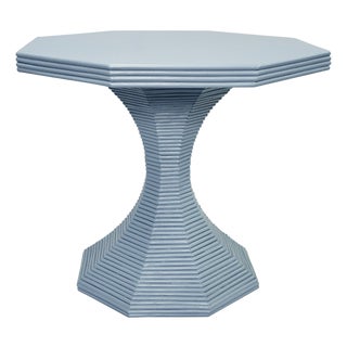 Matthew Izzo Home Octavia 36" Octagonal Light Blue Painted Rattan Pedestal Table For Sale