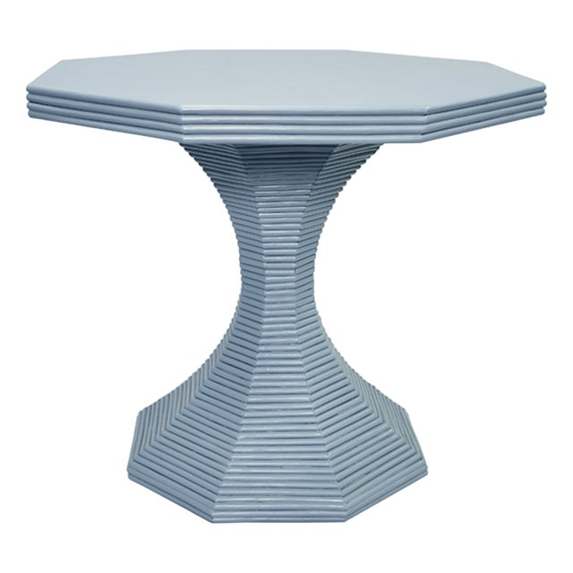 Matthew Izzo Home Octavia 36" Octagonal Light Blue Painted Rattan Pedestal Table For Sale