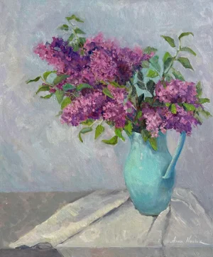 "Lilac in a Turquoise Jug" Original Impressionist Flower Still Life Oil on Canvas Painting Art by Anna Novick