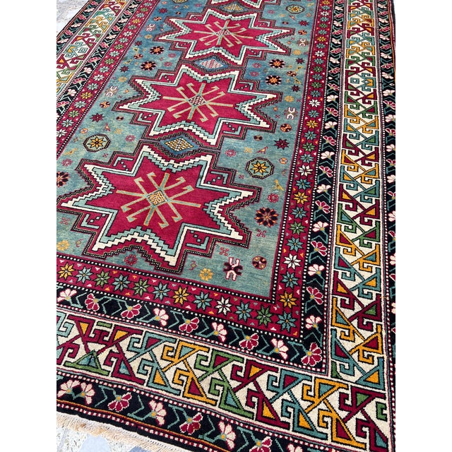 Teal Teal Caucasian Shirvan Lesghi Star Hand-Knotted Wool Rug - 5'3" X 9'6" For Sale - Image 8 of 10
