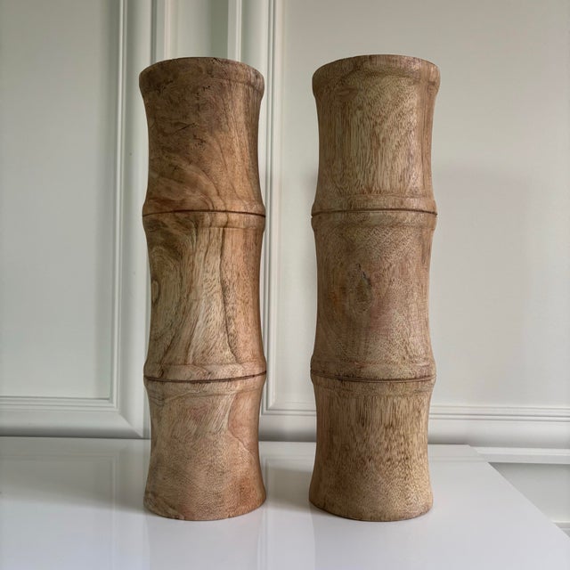 Chinoiserie Natural Hand Carved Solid Mango Wood Large Bamboo Style Candle Holders Pillars (Set of 2) For Sale - Image 3 of 6