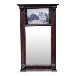 19th C. Empire Mahogany Frame Mirror W. An Inset Print After j.b. Camille Carot