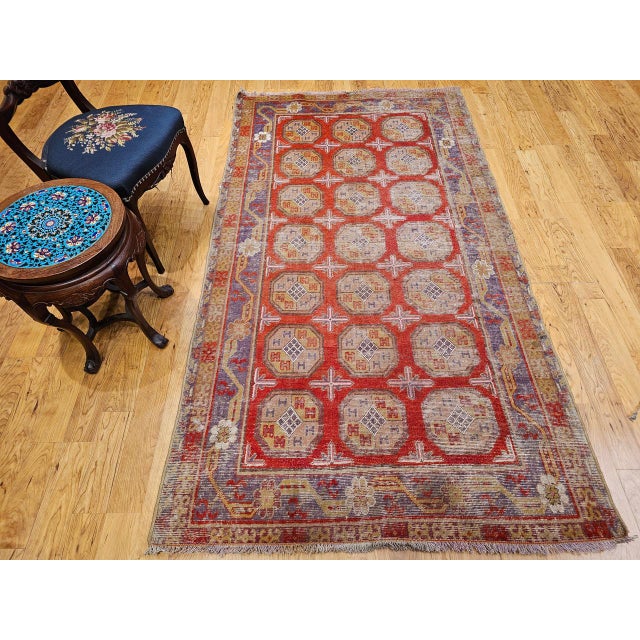 Textile 19th Century Khotan Rug in Allover Geometric Pattern in Red, Lavender, Ivory, Green For Sale - Image 7 of 16