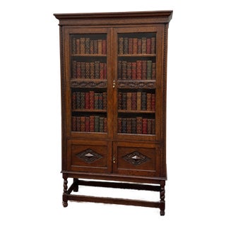 Antique English Bookcase Bookshelf Cabinet Double Door Barley Twist Oak c.1930s For Sale