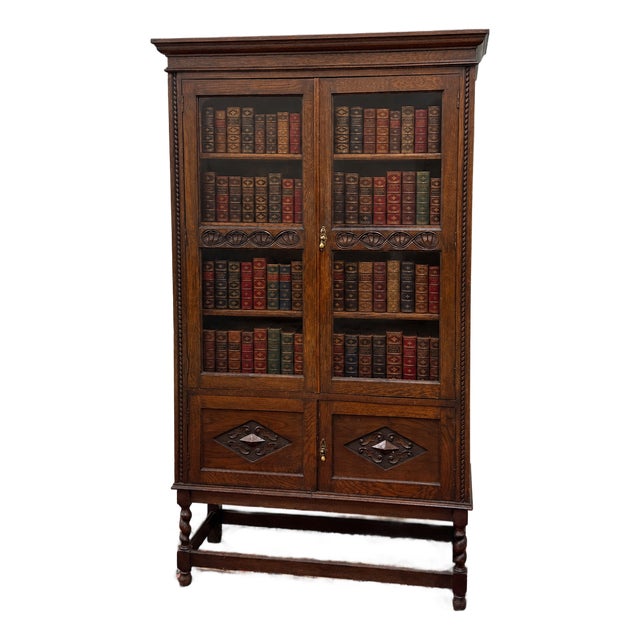 Antique English Bookcase Bookshelf Cabinet Double Door Barley Twist Oak c.1930s For Sale
