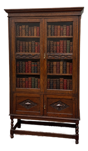 Antique English Bookcase Bookshelf Cabinet Double Door Barley Twist Oak c.1930s