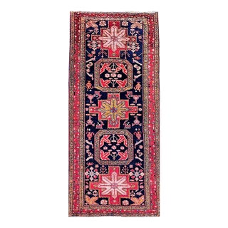 Vintage Persian Hamadan Gallery Rug, Hand-Knotted Wool, Geometric Bird Motifs Design, Navy & Red, 5x11 For Sale