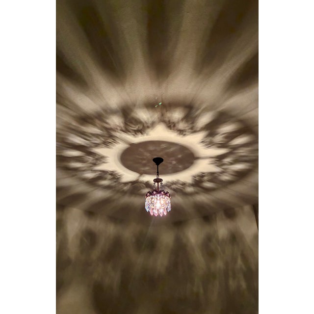 Vintage Brass Crown Chandelier With Hand-Painted Pink and Ice Blue Crystal Prisms For Sale - Image 14 of 17