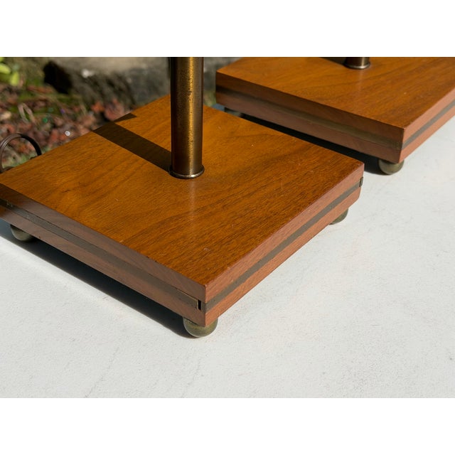 Mid-Century Modern Architectural Walnut and Brass Table Lamps, Pair For Sale - Image 10 of 12
