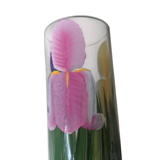 Vintage Original Hand Painted Botanical Iris Flower Glass Vase Signed For Sale - Image 12 of 17