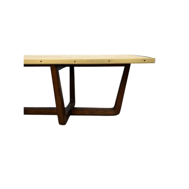 Mid-Century Modern 1970s Coffee Table With Brass-Rimmed Raffia Top and Walnut Base For Sale - Image 3 of 11