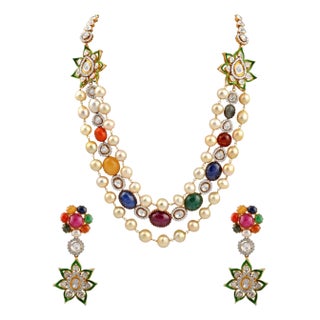 Mughal Magnificenct Traditional Rose Cut Diamond & Navratan 18 Kt YG Bridal Set For Sale