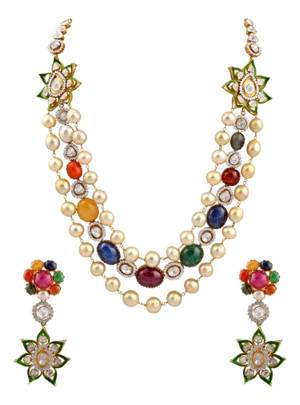 Mughal Magnificenct Traditional Rose Cut Diamond & Navratan 18 Kt YG Bridal Set