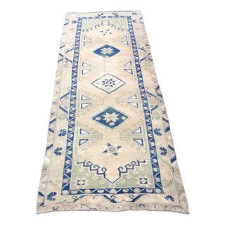 Handmade Beige and Blue Oushak Wool Runner Rug For Sale