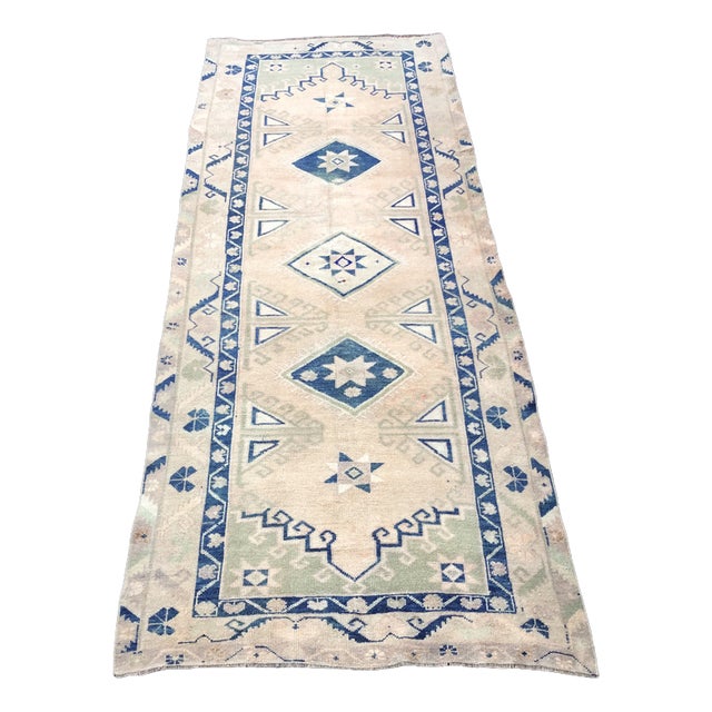 Handmade Beige and Blue Oushak Wool Runner Rug For Sale