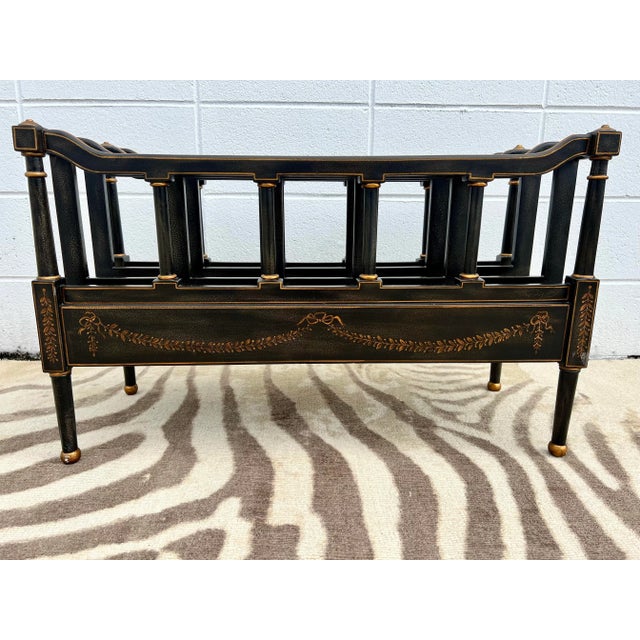 Vintage Regency Style Ebony Textured and Gilt Wood Canterbury / Magazine Rack in the Style of Maitland - Smith For Sale - Image 11 of 12