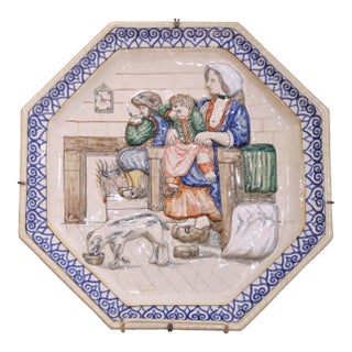 19th Century French Hb Quimper Faience Octagonal Wall Platter or Serving Tray For Sale