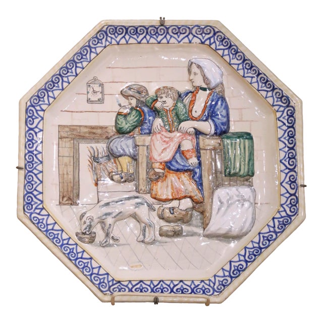 19th Century French Hb Quimper Faience Octagonal Wall Platter or Serving Tray For Sale