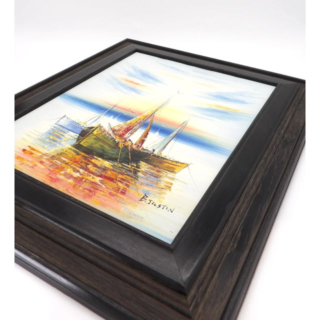 Wood Original Signed Impressionist Oil Painting Sailboat Sunset in Black Rustic Frame For Sale - Image 7 of 10