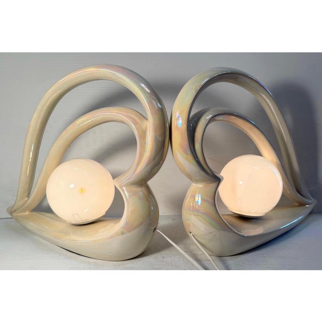 Late 20th Century Pearlescent Art Deco Heart Lamps - a Pair For Sale - Image 9 of 9