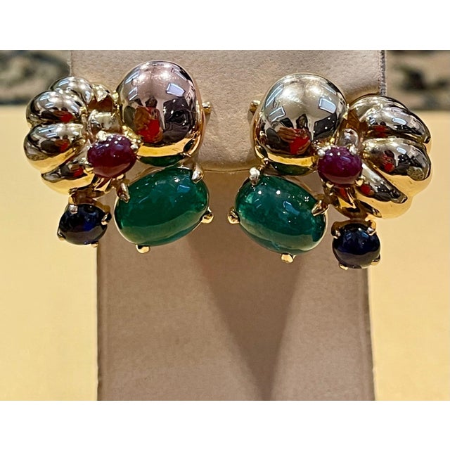 12 Carat Cabochon Emerald Diamond Clip Earrings 14 Karat Yellow Gold, Estate For Sale - Image 9 of 18