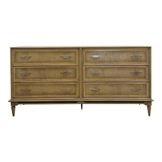 Vintage MCM Gray Washed Blonde Dresser Six Drawer With Metal Handles For Sale