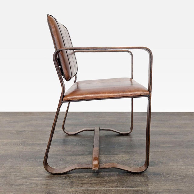 Brown Leather Buckle Lounge Chair With Curved Wooden Frame For Sale - Image 4 of 11