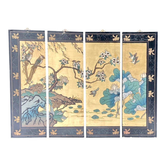 Vintage Chinese 4-Panel Coromandel Lacquer Wall Hangings For Sale