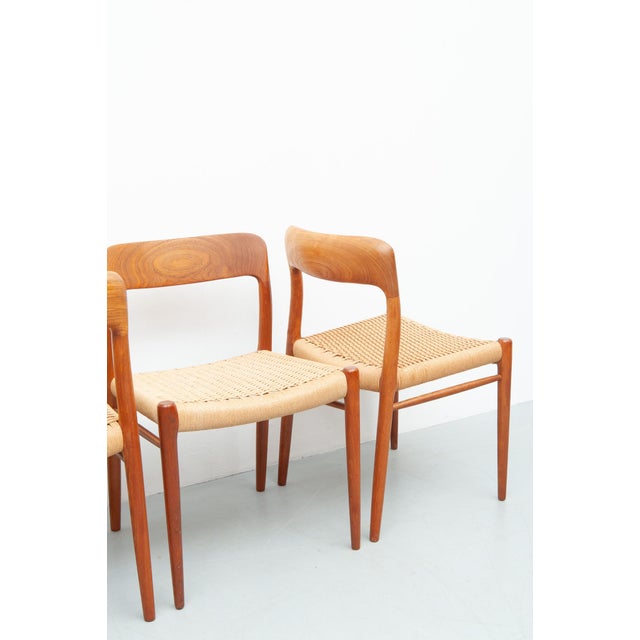 Mid-Century Modern Vintage Model 75 Dining Chairs in Teak by Niels Otto Møller for J. L. Møller Møbelfabrik, 1950s, Set of 4 For Sale - Image 3 of 18