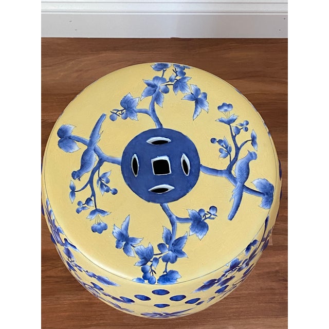 Ceramic 1980s Blue and Yellow Chinoiserie Ceramic Garden Stool For Sale - Image 7 of 11