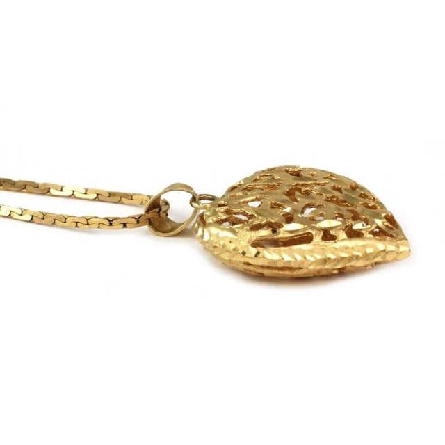 Mid 20th Century Mid 20th Century Filigree Puff Heart 14k Yellow Gold Pendant & Long Chain Necklace For Sale - Image 5 of 6