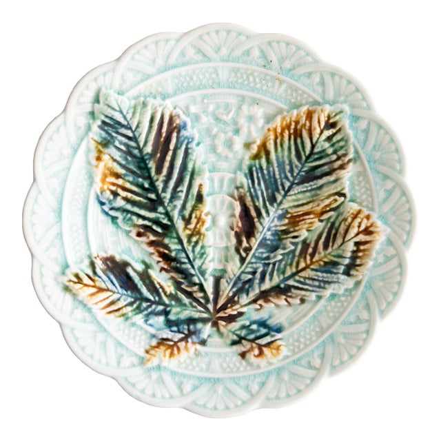 19th Century Swedish Rörstrand Majolica Turquoise Chestnut Leaf Plate For Sale