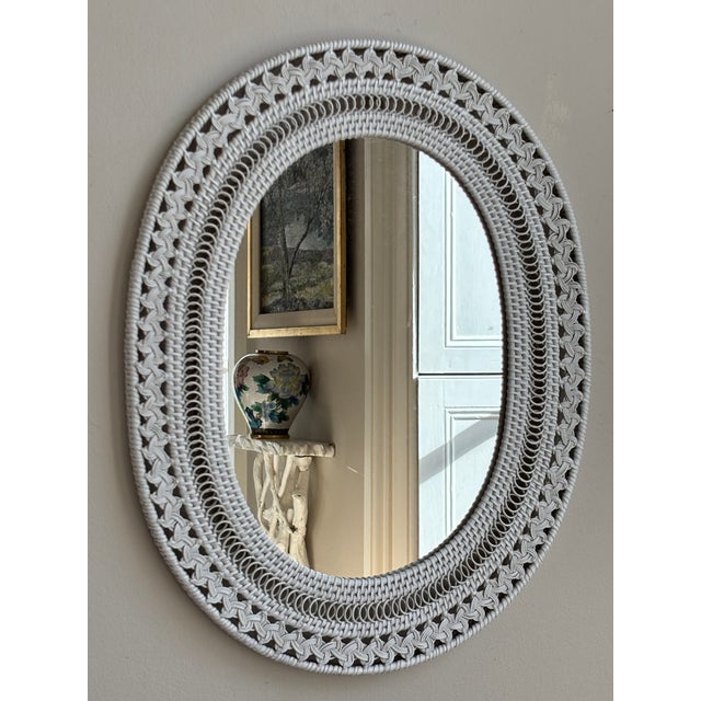 White Vintage Boho White Wicker Wall Mirror For Sale - Image 8 of 10