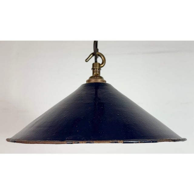 Metal Industrial British Dark Blue Enamel Factory Pendant Lamp, 1950s For Sale - Image 7 of 17