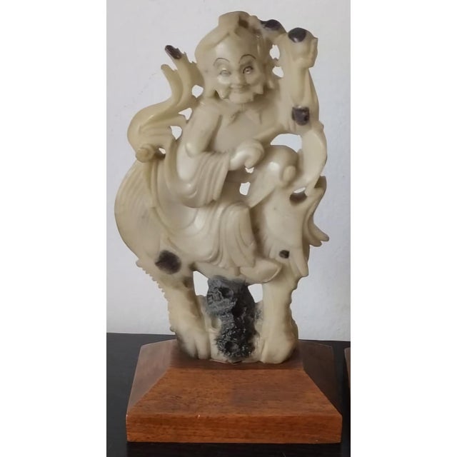 Wood Pair of 19th Century Carved Stone Qilin Rider Sculptures on Wooden Bases. For Sale - Image 7 of 7