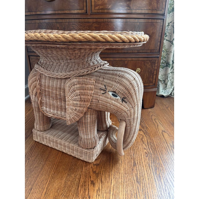 Traditional Vintage 1970’s Natural Wicker Elephant Tractable With Attached Glass Top Tray, Made in Hong Kong For Sale - Image 3 of 11