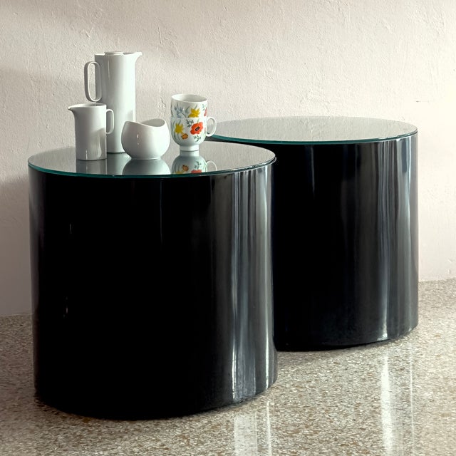1980s Postmodern Glass-Topped Black Rolling Cylinder Side Tables For Sale - Image 5 of 10