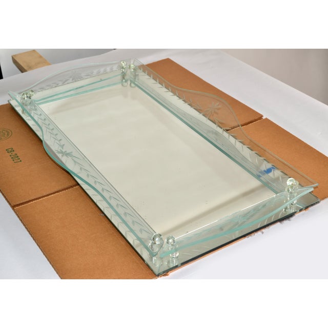 1930 Art Deco Venetian Etched Mirror Tray Serving Platter Glass Ball Decor Italy For Sale - Image 15 of 17