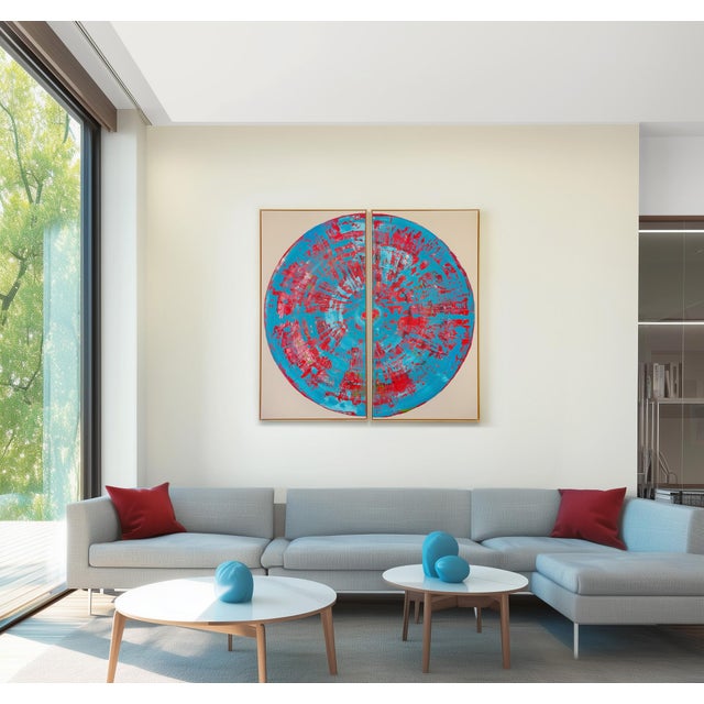 Unique Painting "Cyan Red Circle Diptych" Diptych consisting of two single pieces. External Size of one Painting including...